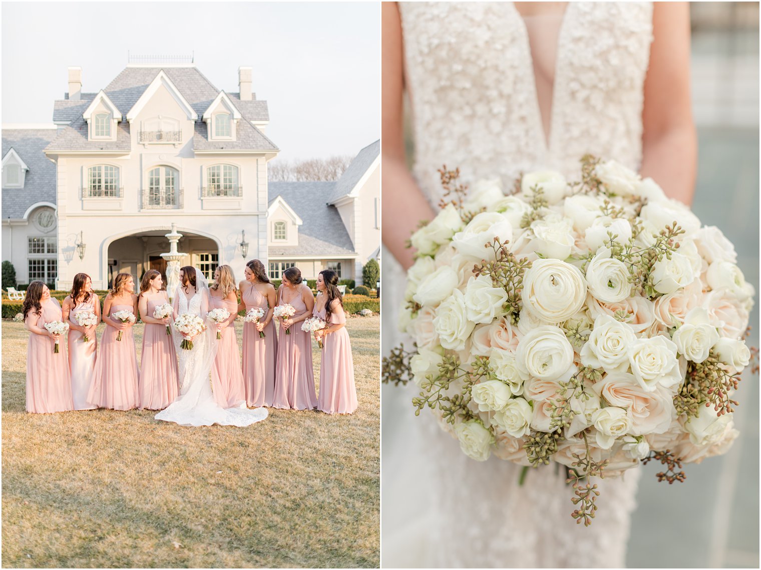 bride stands on lawn with bridesmaids in pink gowns at Park Chateau Estate 