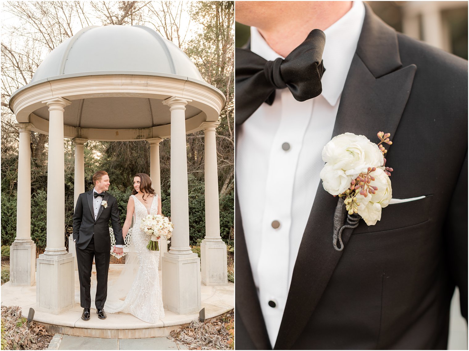 bride and groom hold hands standing in gazebo in gardens of Park Chateau Estate 