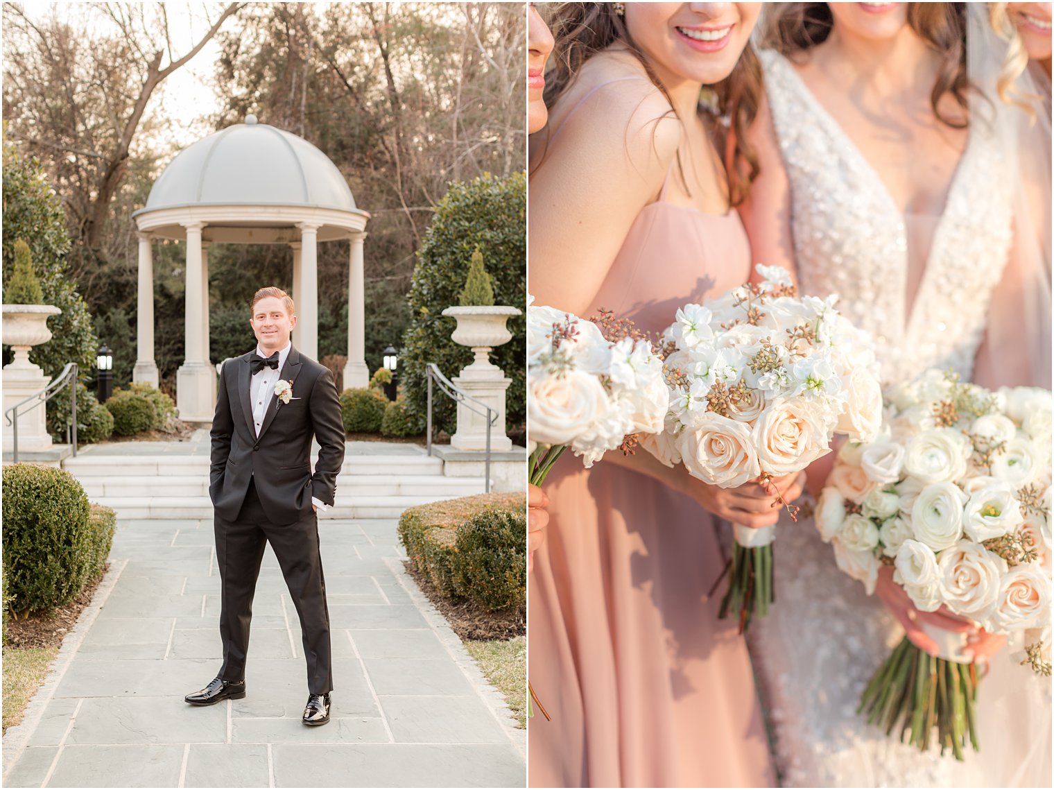 groom stands in garden by gazebo at Park Chateau Estate 