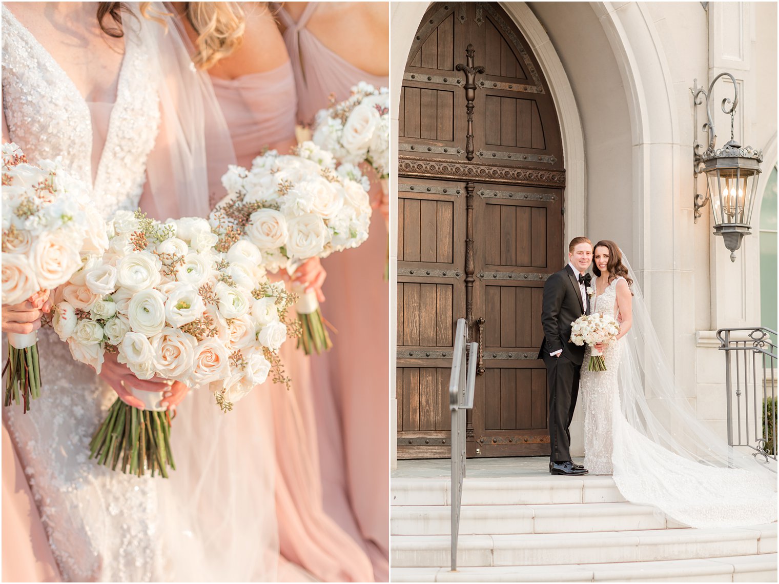 bride and groom stand on steps at chapel in East Brunswick NJ