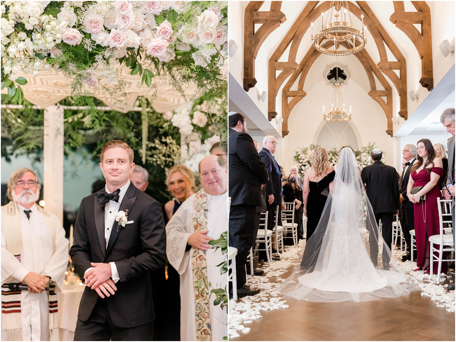 groom waits for bride under floral canopy for Jewish wedding ceremony 