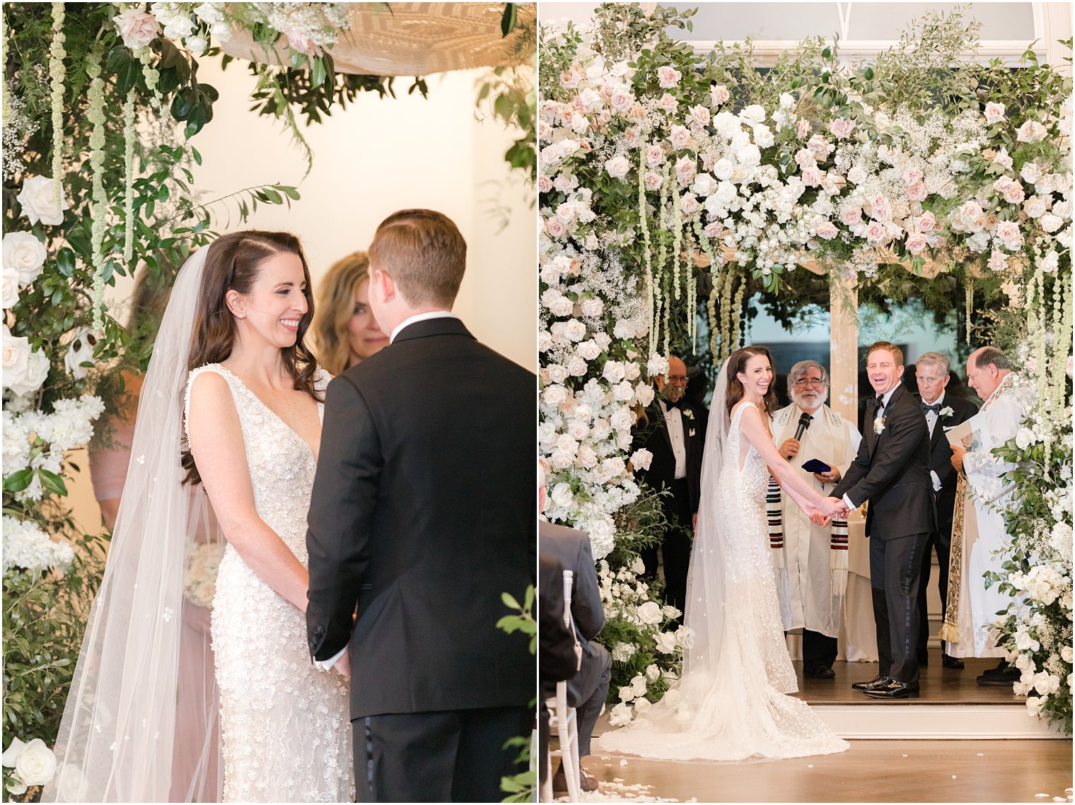 bride and groom laugh together during wedding ceremony under Jewish canopy 