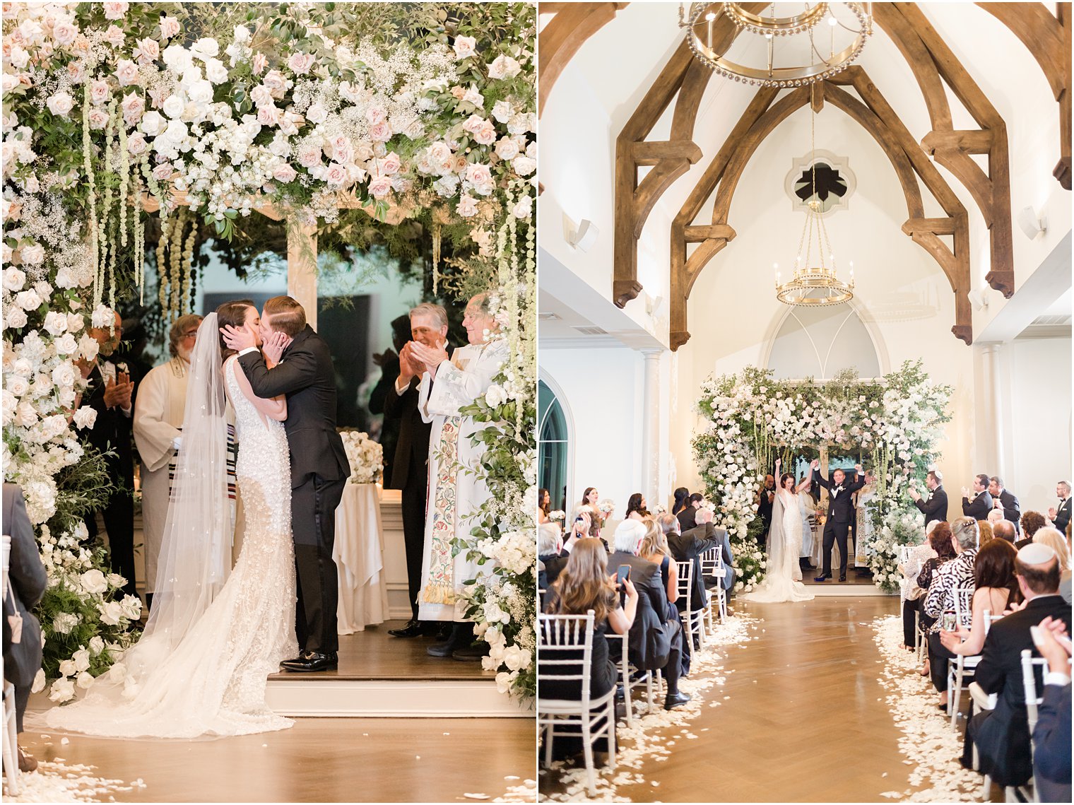 bride and groom kiss under floral canopy at Park Chateau Estate 