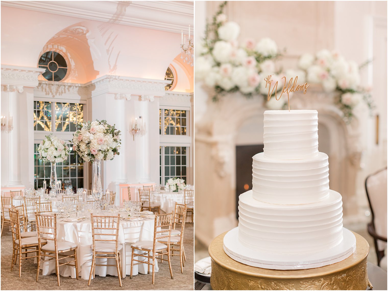 tiered wedding cake with gold topper of name for Park Chateau winter wedding reception 