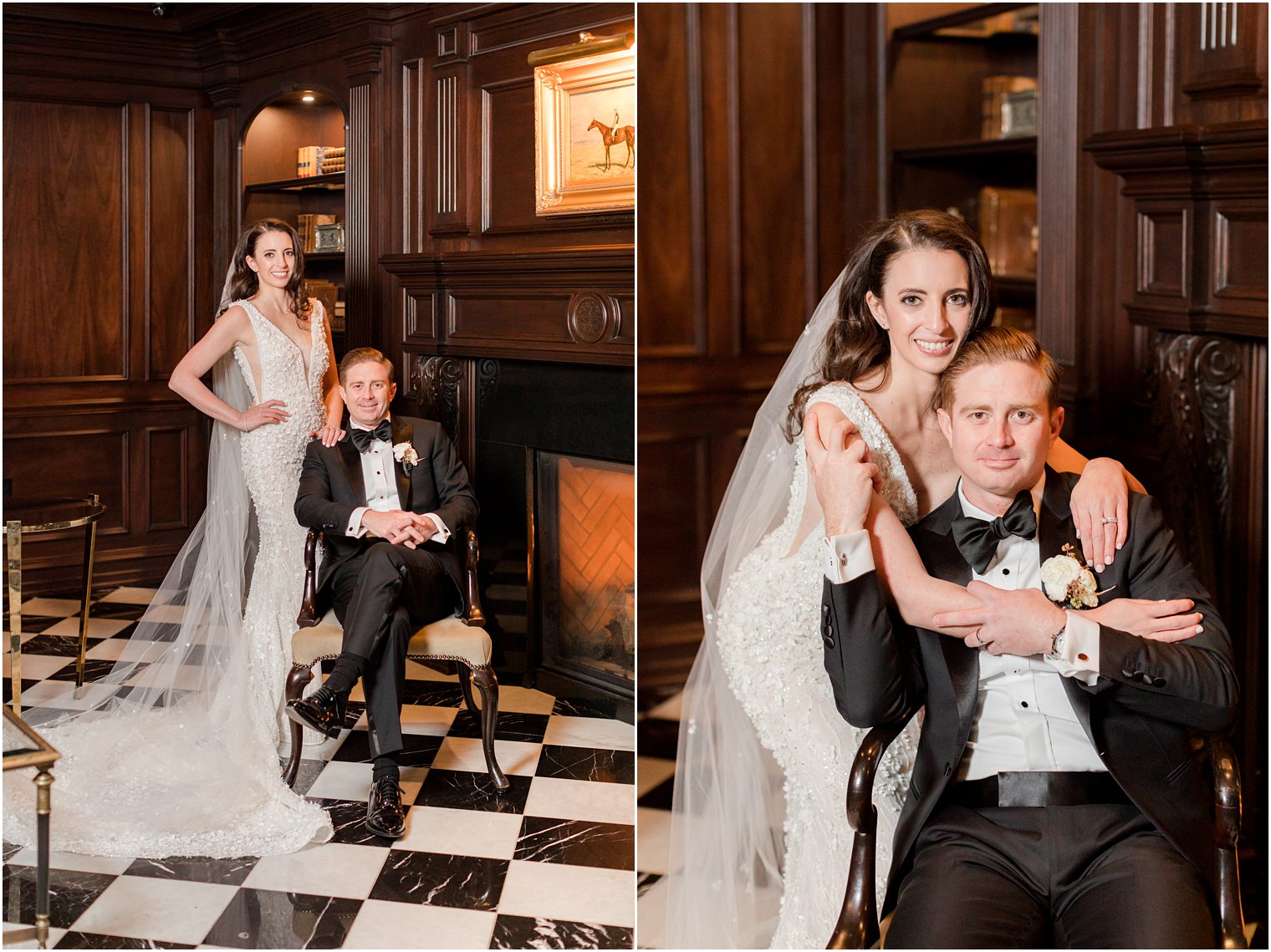 newlyweds pose in library at Park Chateau Estate 