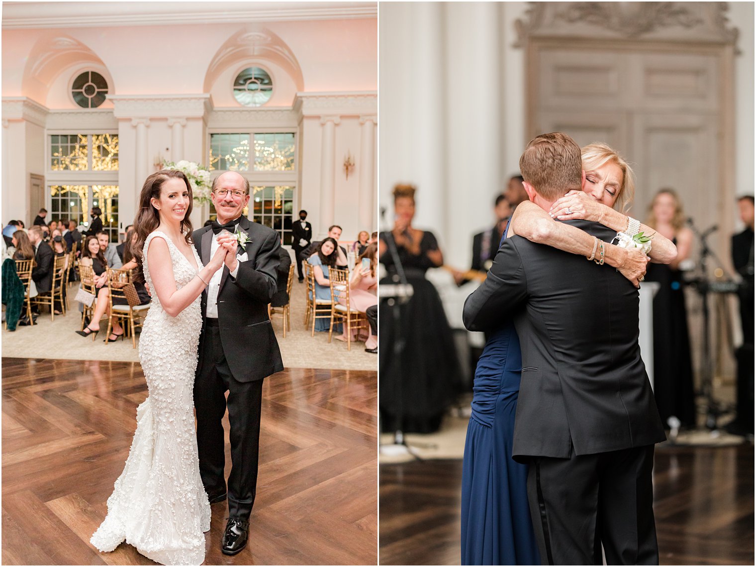 parent dances with bride and groom during East Brunswick NJ wedding reception 