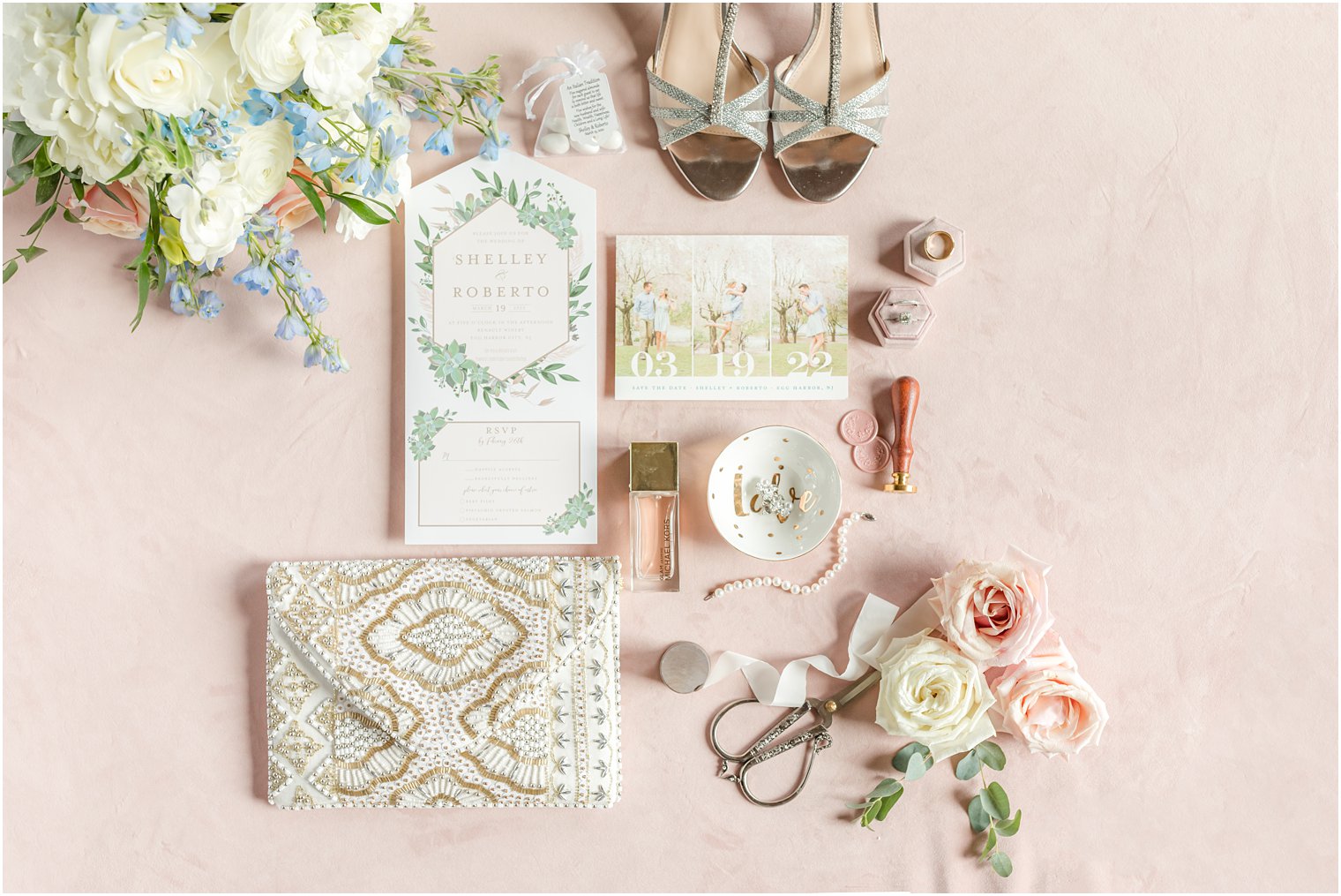 wedding invitation flatlay photo at spring wedding at Renault Winery in South Jersey