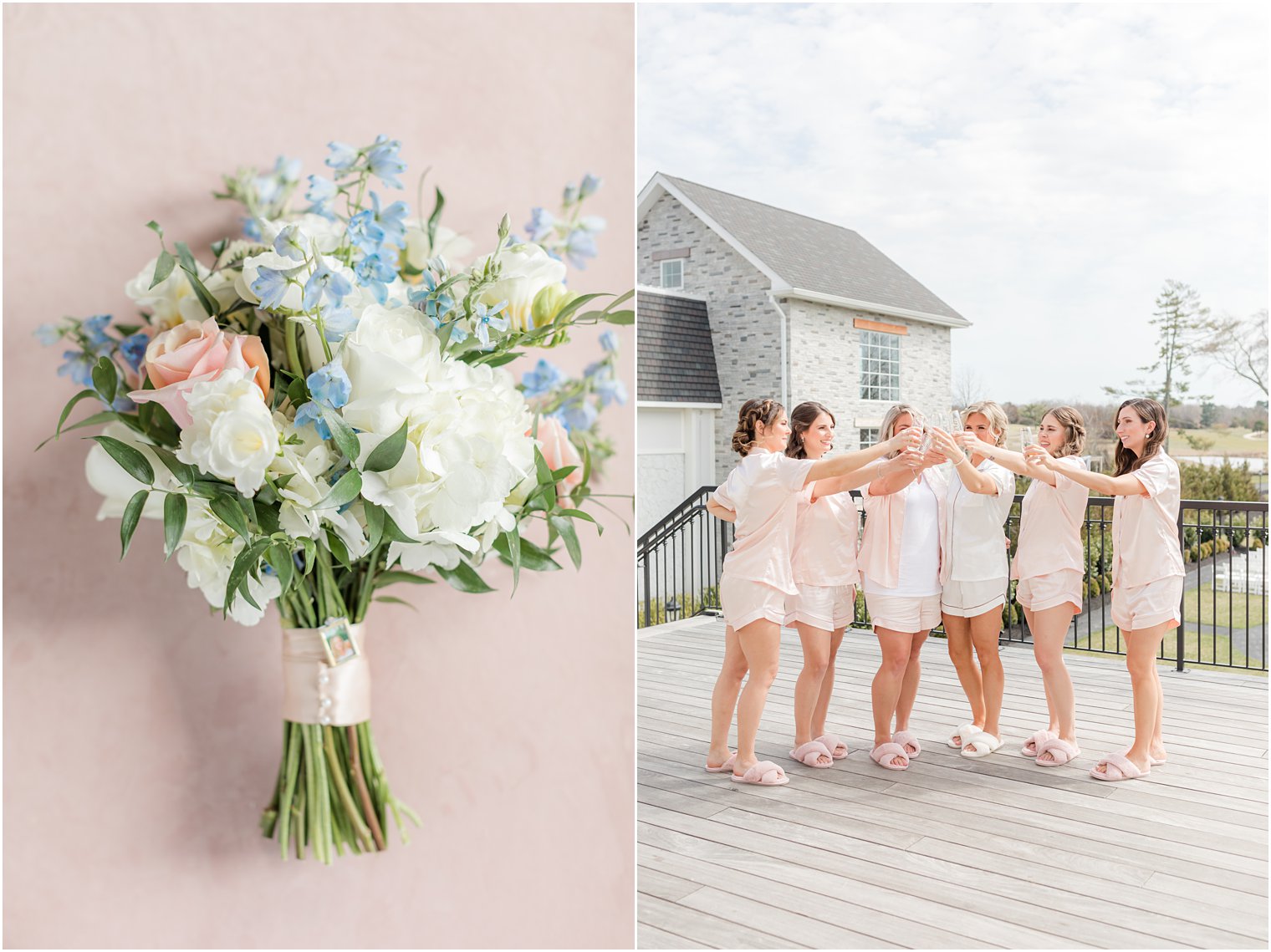 bridesmaids in pink pajamas toasting at Renault Winery in Egg Harbor Twp NJ