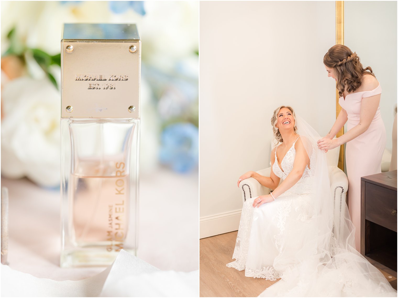 bridesmaid putting on bride's veil at Renault Winery wedding