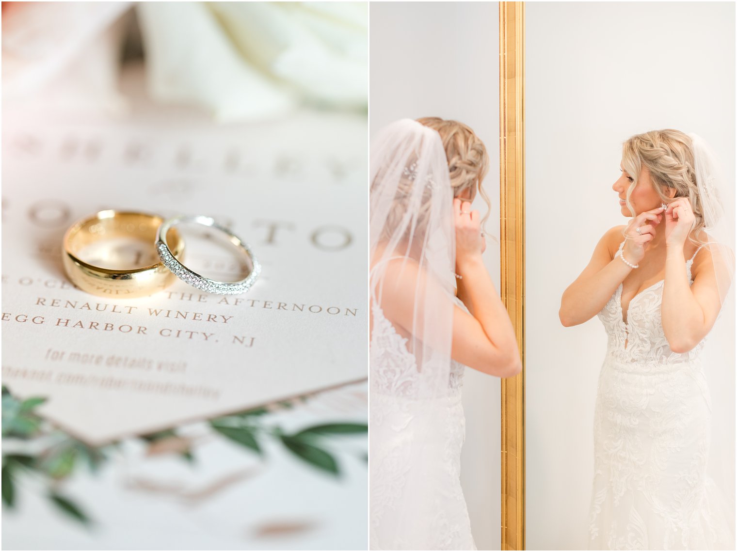 bride in Essence of Australia dress putting on earrings in Vineyard Ballroom bridal suite at Renault Winery