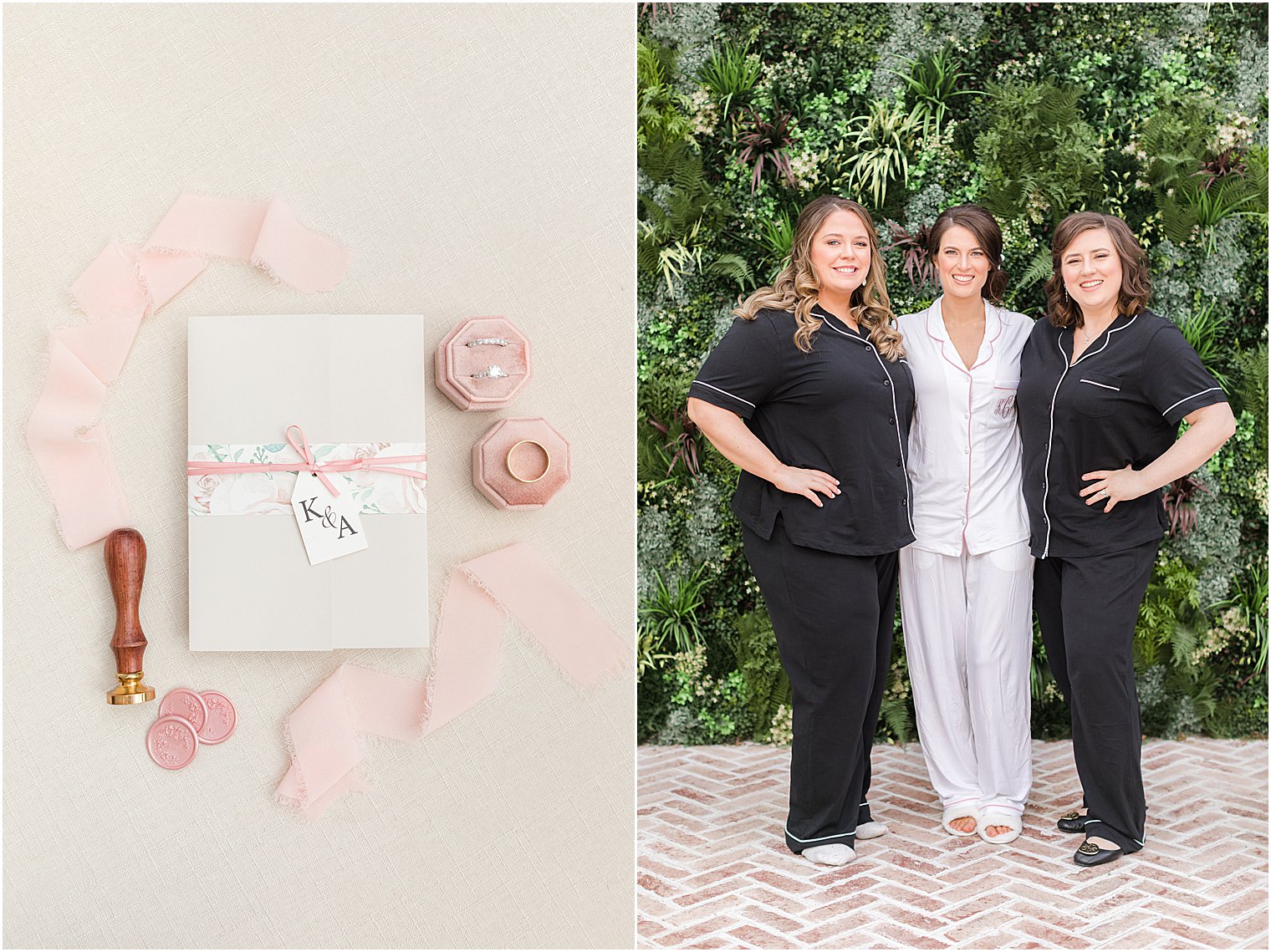 bride prepares for NJ wedding day with bridesmaids in matching pajamas