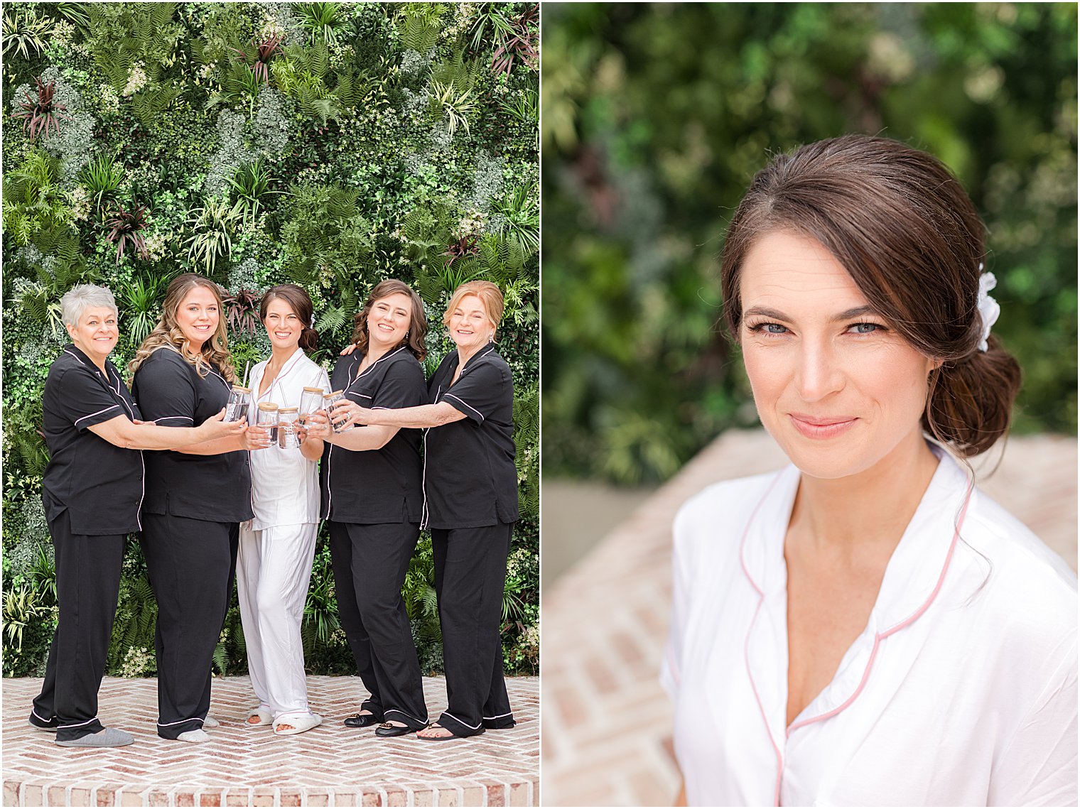 bride and bridesmaids pose by hedges in matching pajamas at The Refinery at Perona Farms