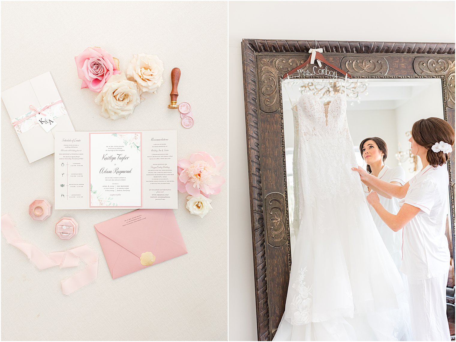 bride looks at wedding dress hanging in bridal suite