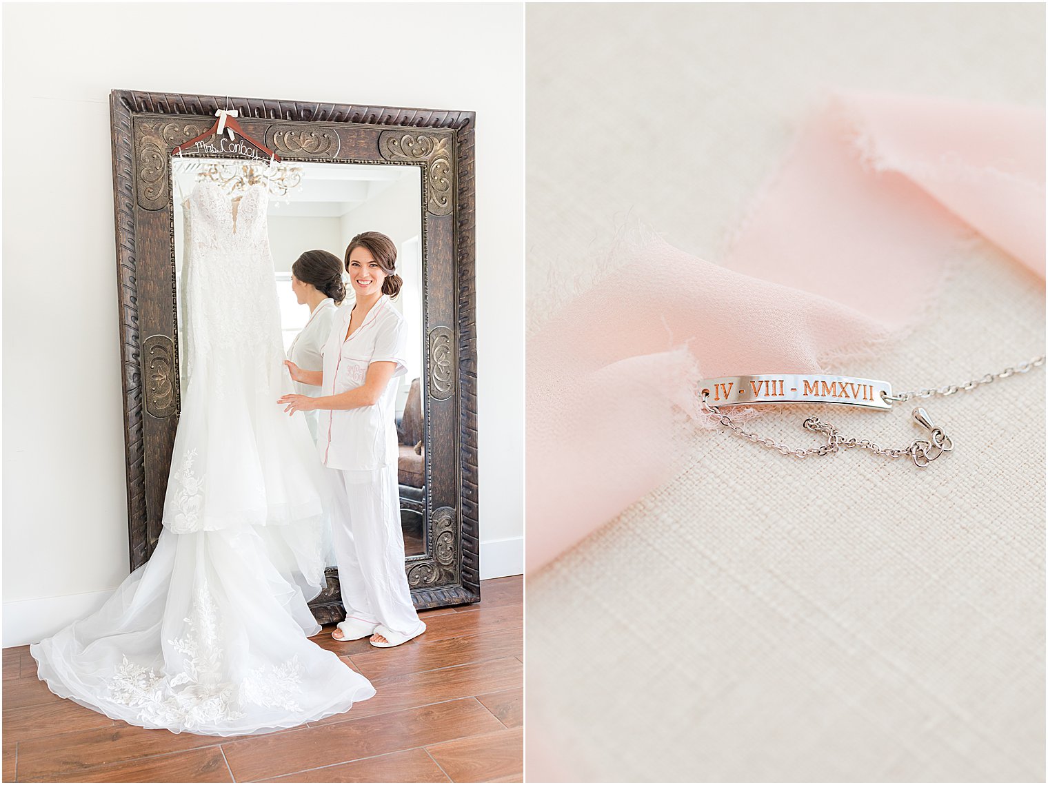 bride holds wedding dress at The Refinery at Perona Farms