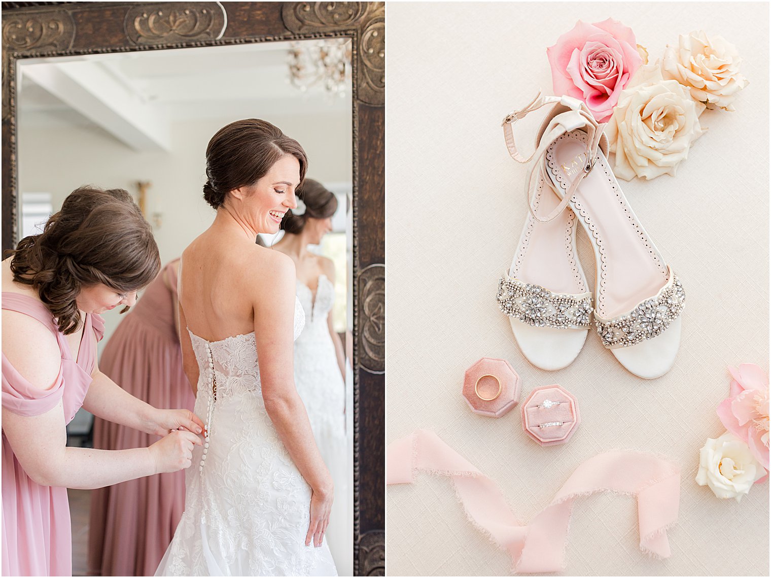 bridesmaid helps bride into gown during prep for The Refinery at Perona Farms wedding