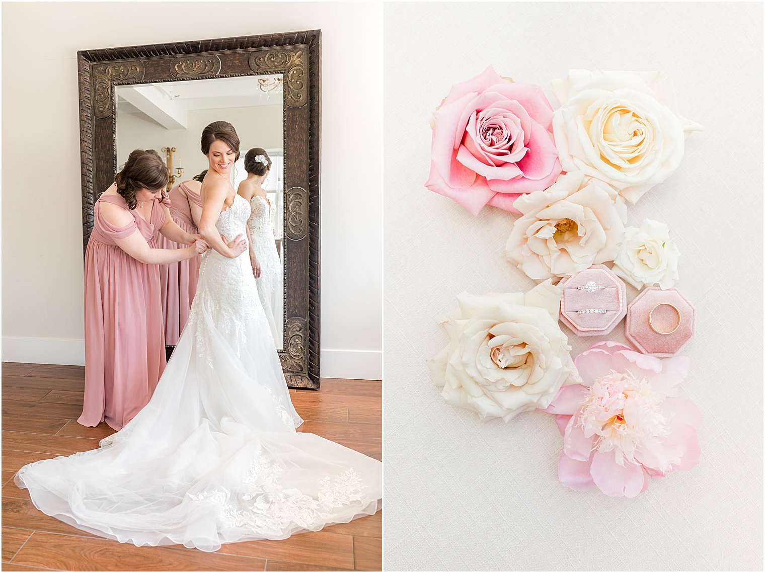 bride prepares with bridesmaids in pink gowns