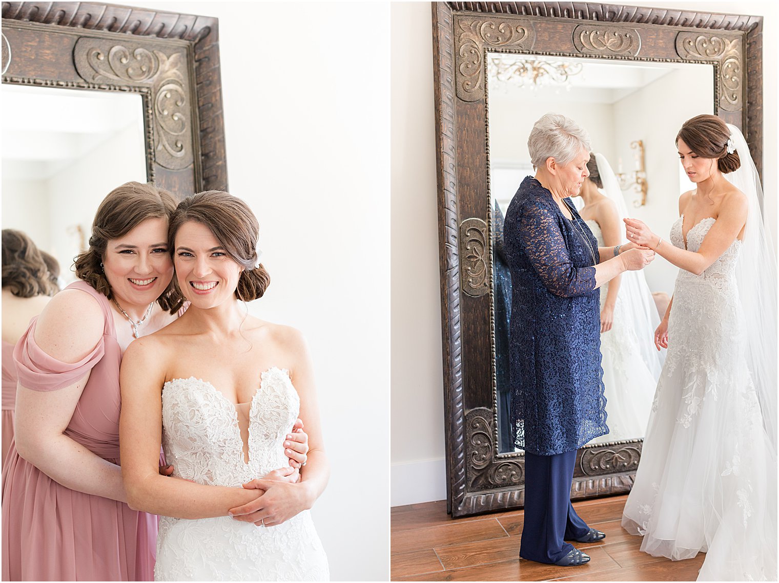 bridesmaid and mom helps bride into gown