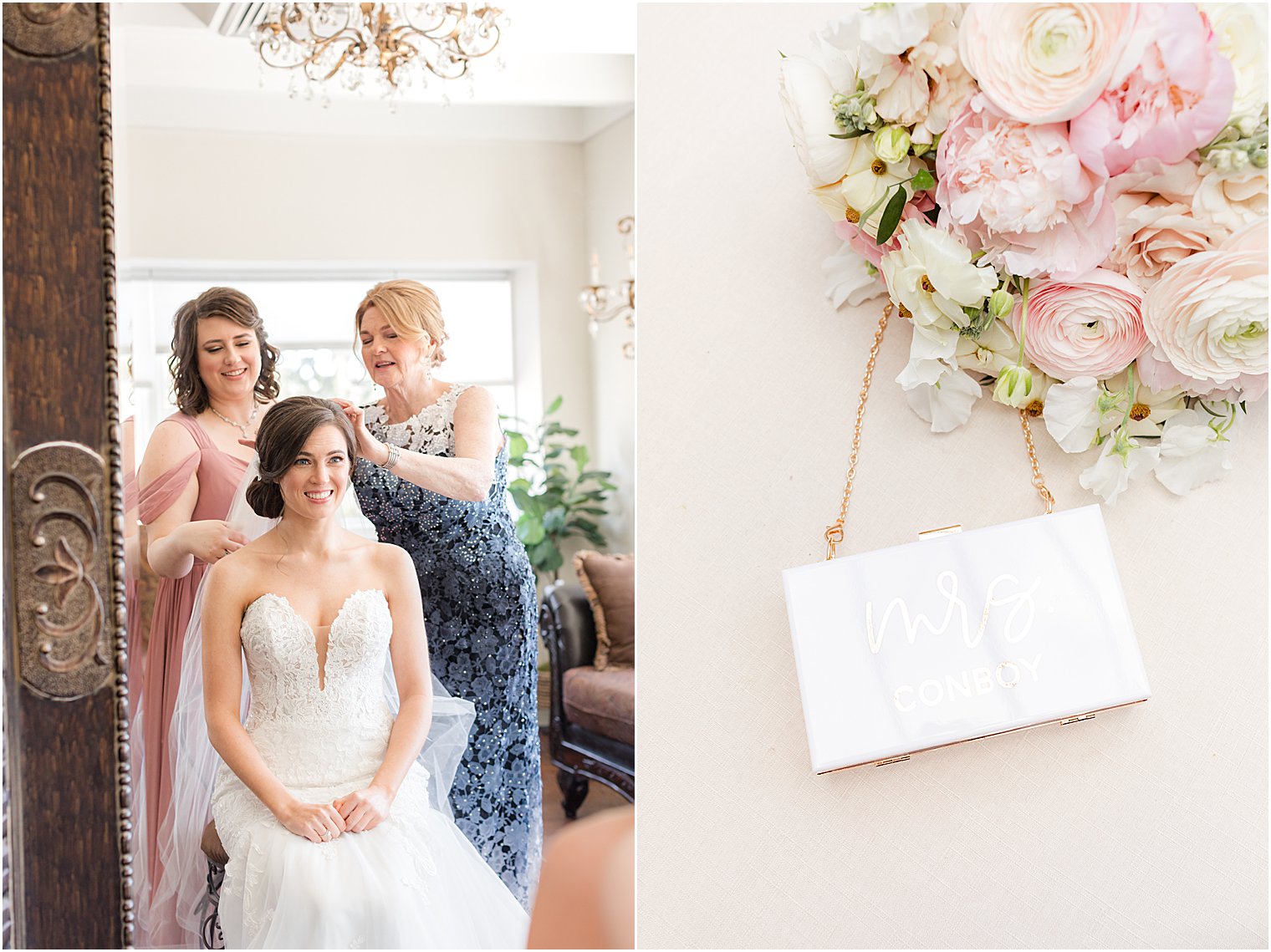 mother of bride helps with veil