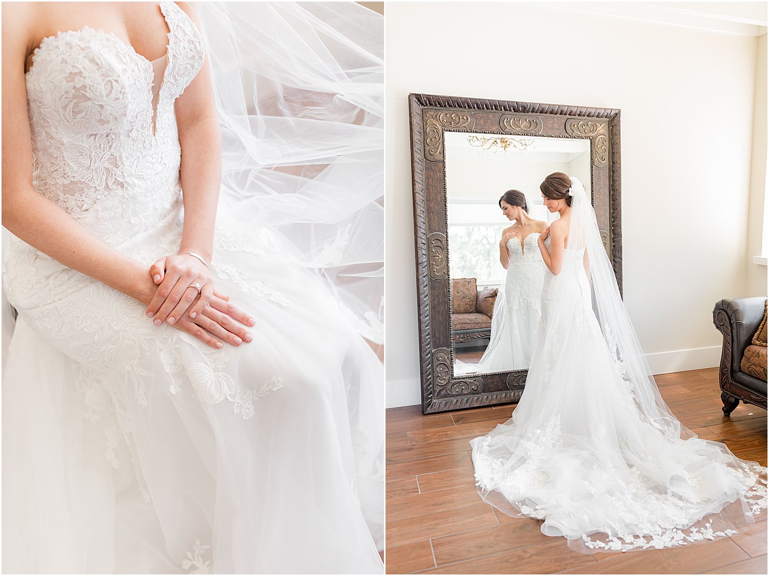 bride sits by mirror at The Refinery at Perona Farms