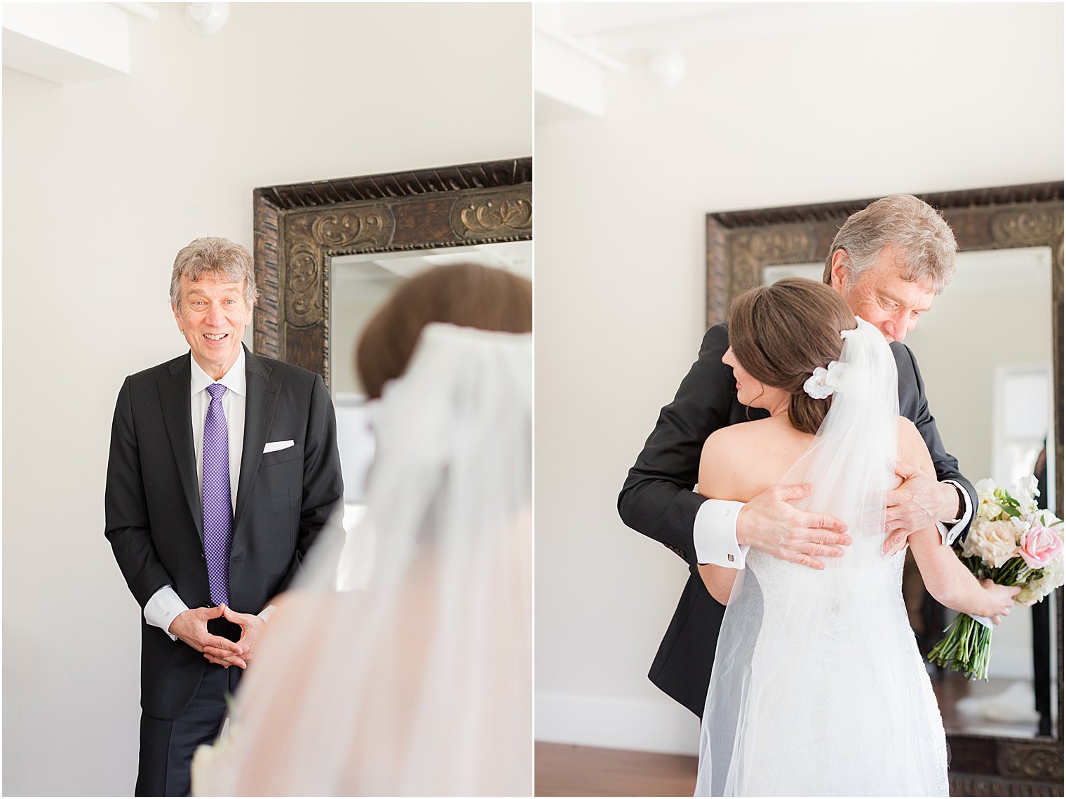 bride and father have first look in bridal suite 