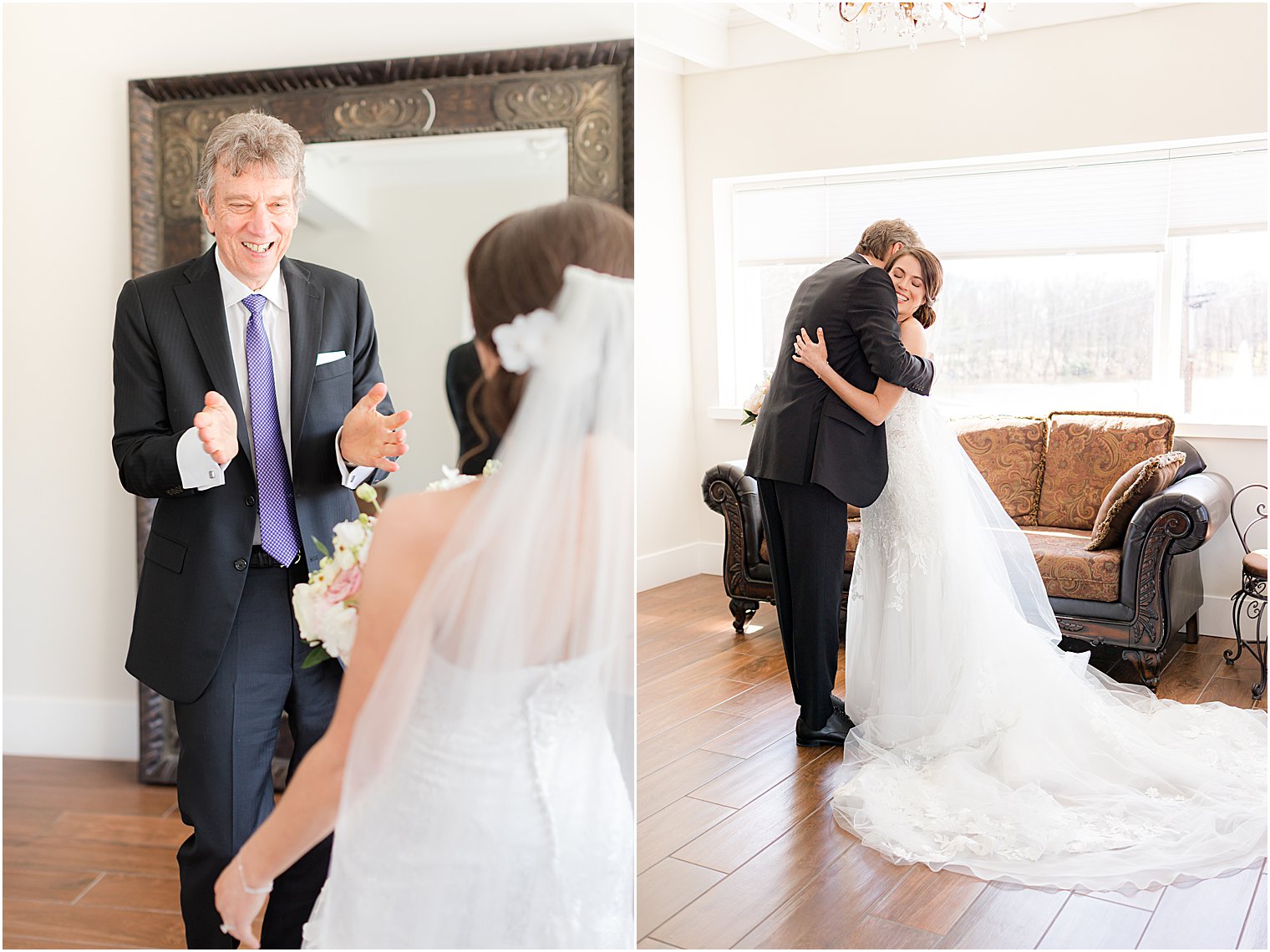 bride and dad cry during first look at The Refinery at Perona Farms