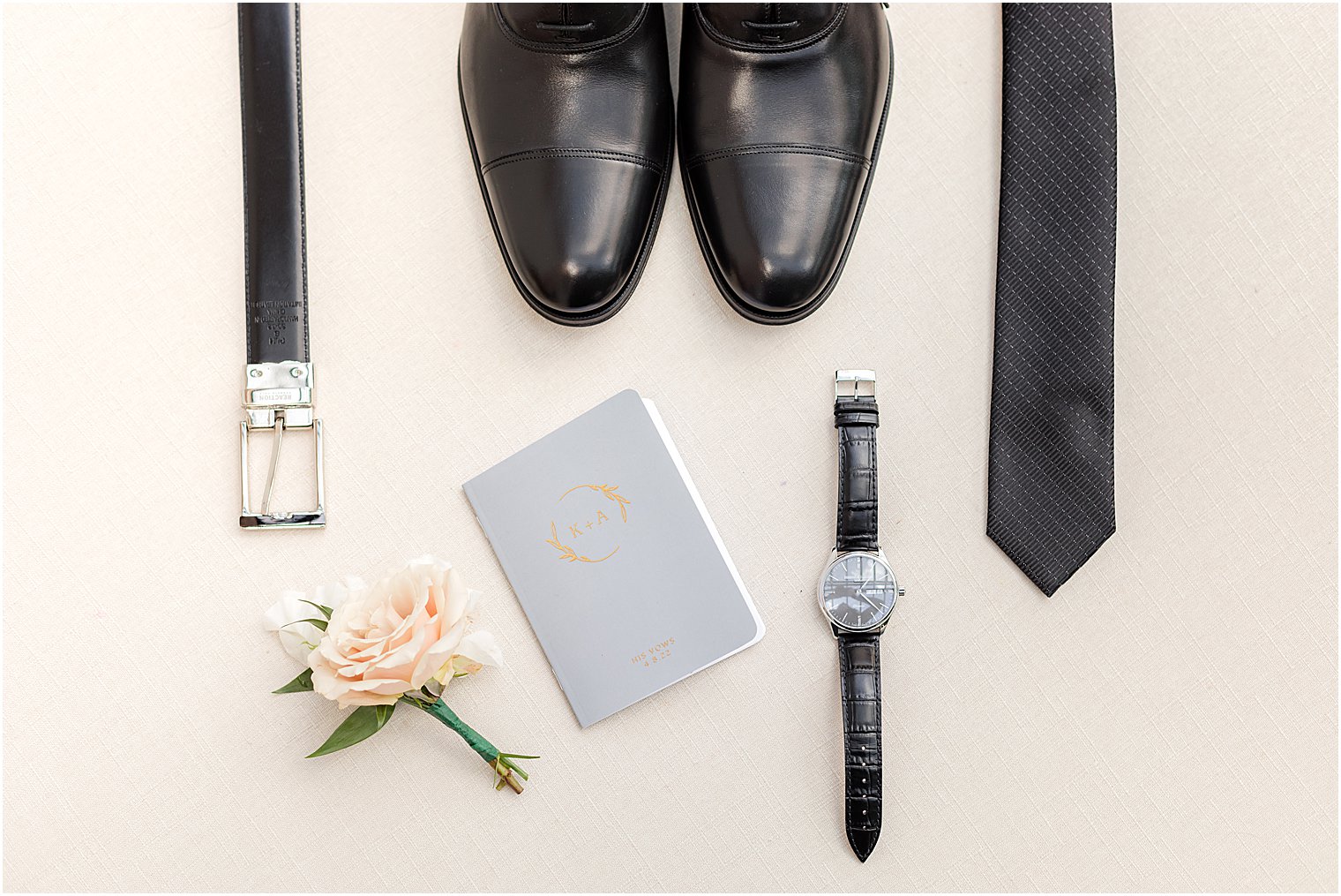groom's shoes, watch, and boutonnière for NJ wedding