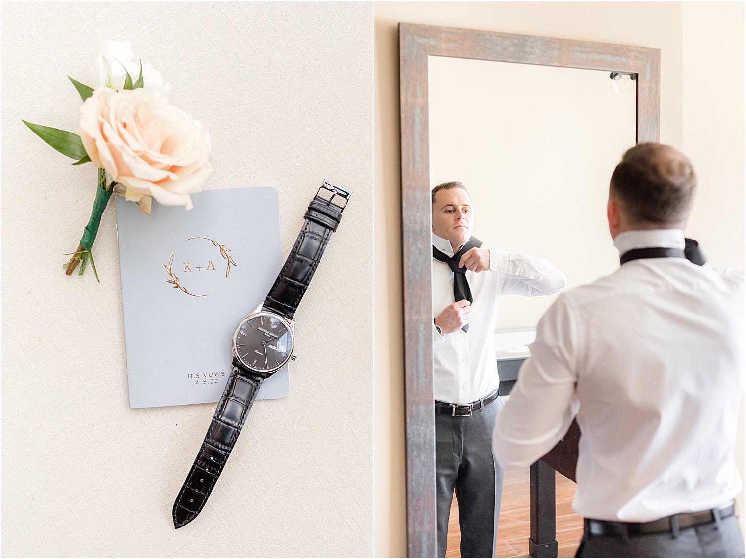 bride adjusts tie during NJ wedding day prep