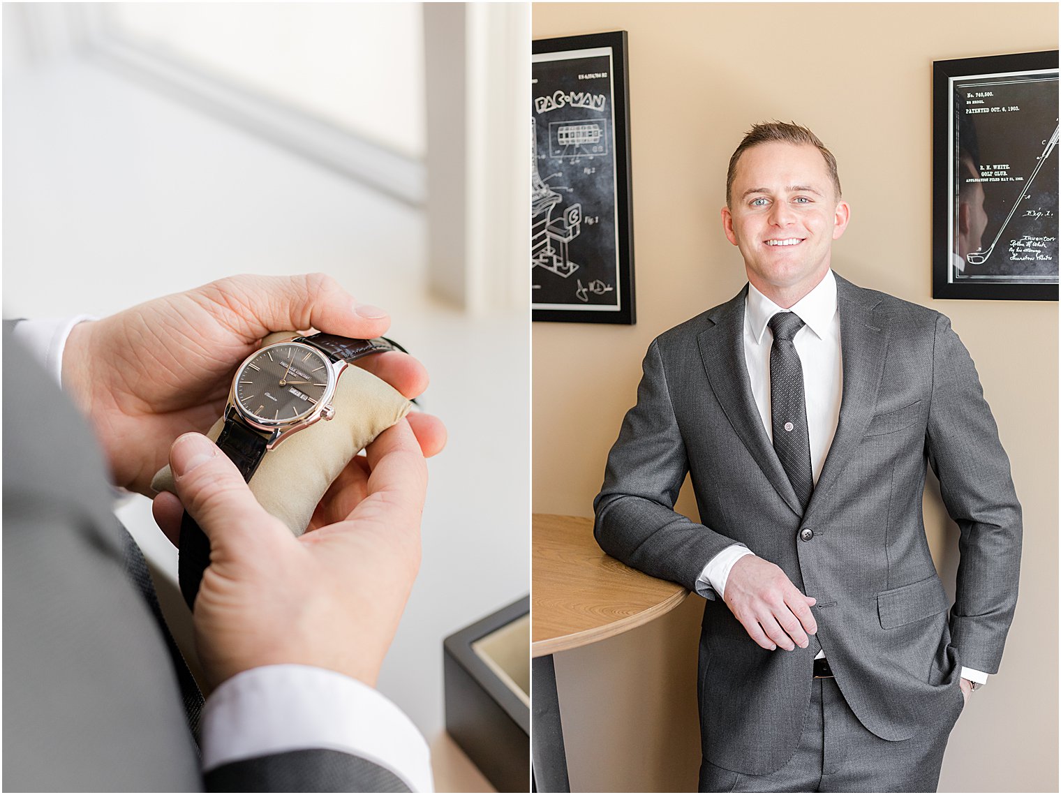 groom poses in grey suit with new watch