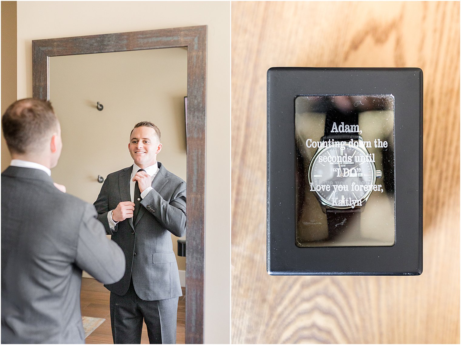 groom adjusts tie in mirror