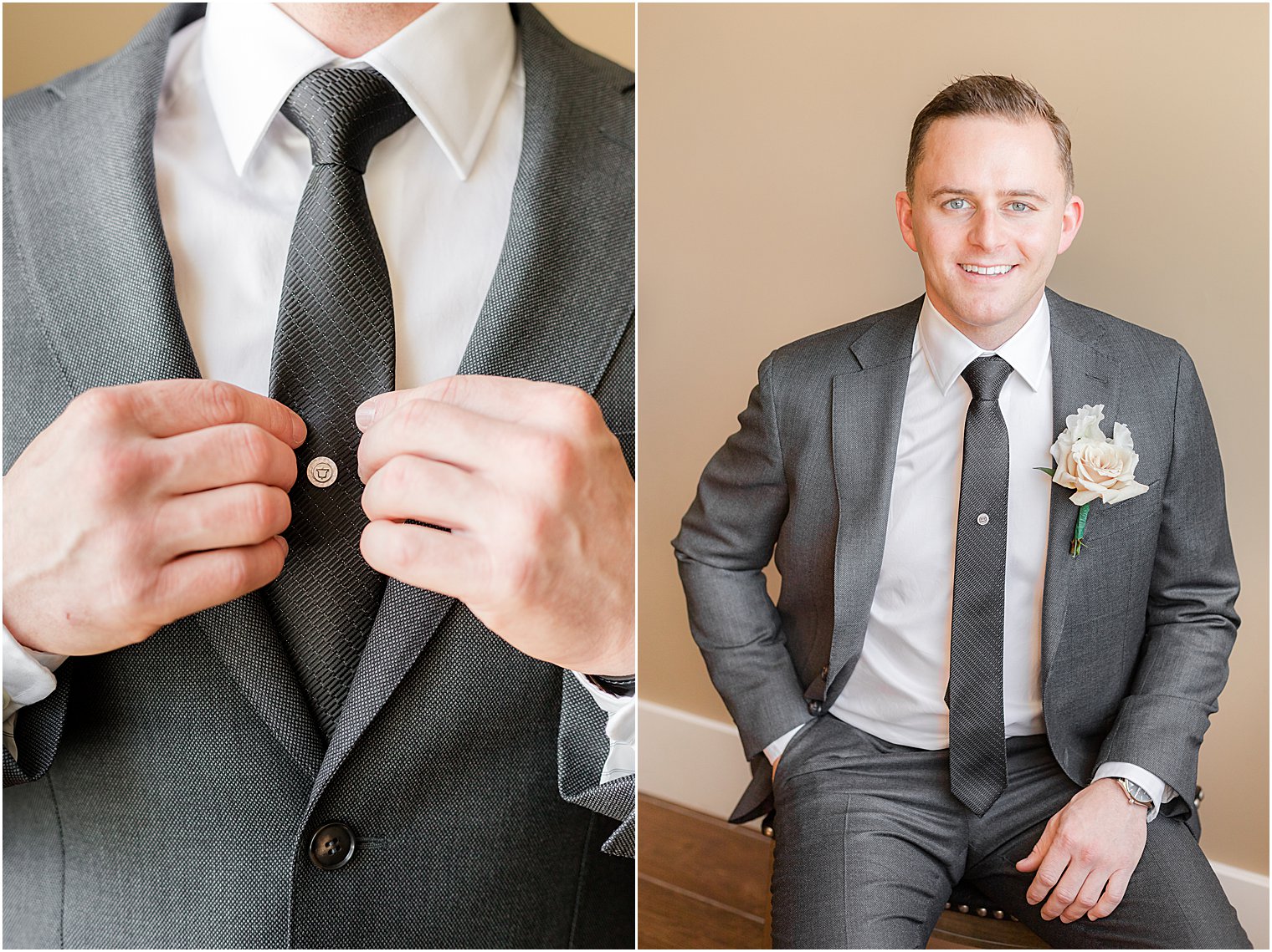 groom adjusts tie and grey suit before NJ wedding 