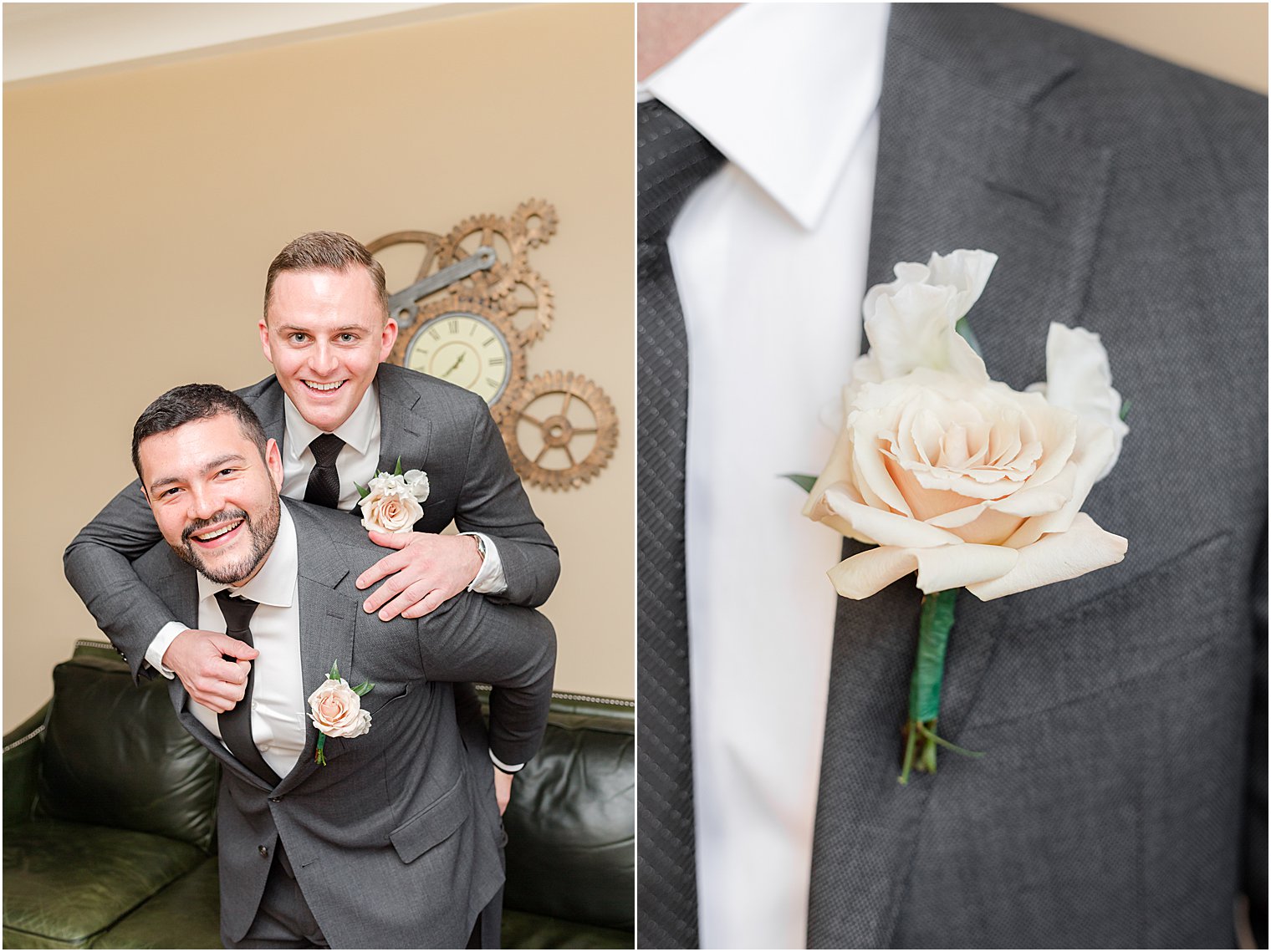 groom and groomsmen goof off before wedding day