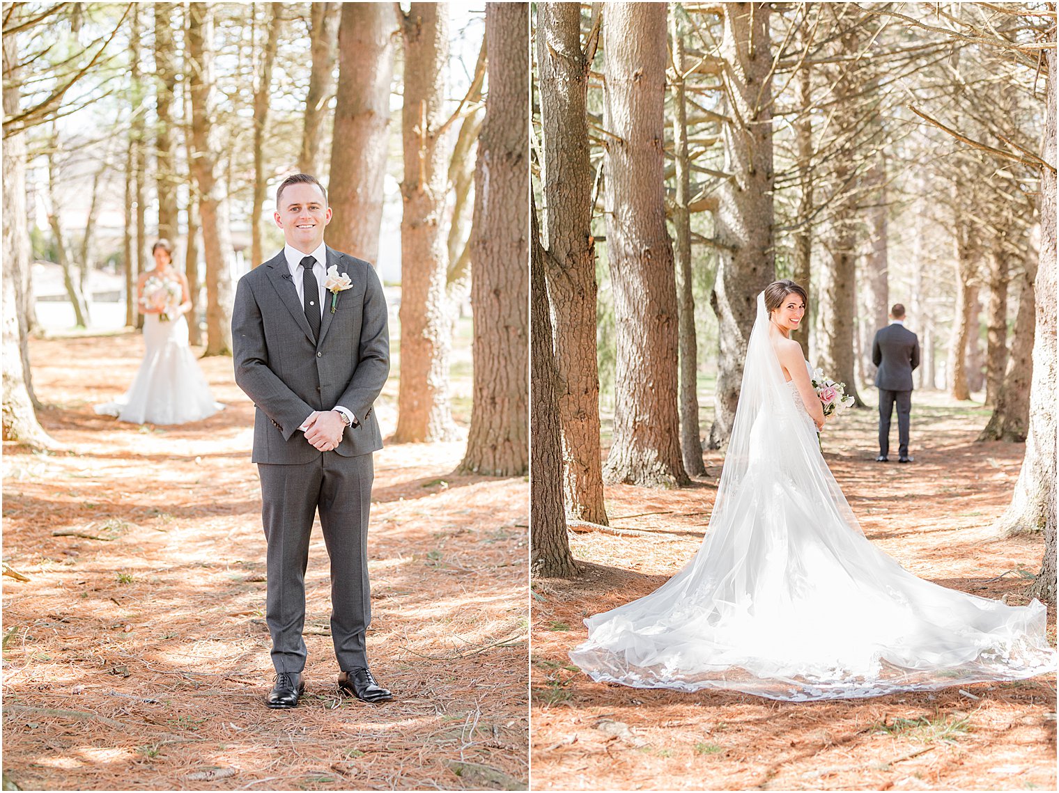 groom waits for bride to approach for first look