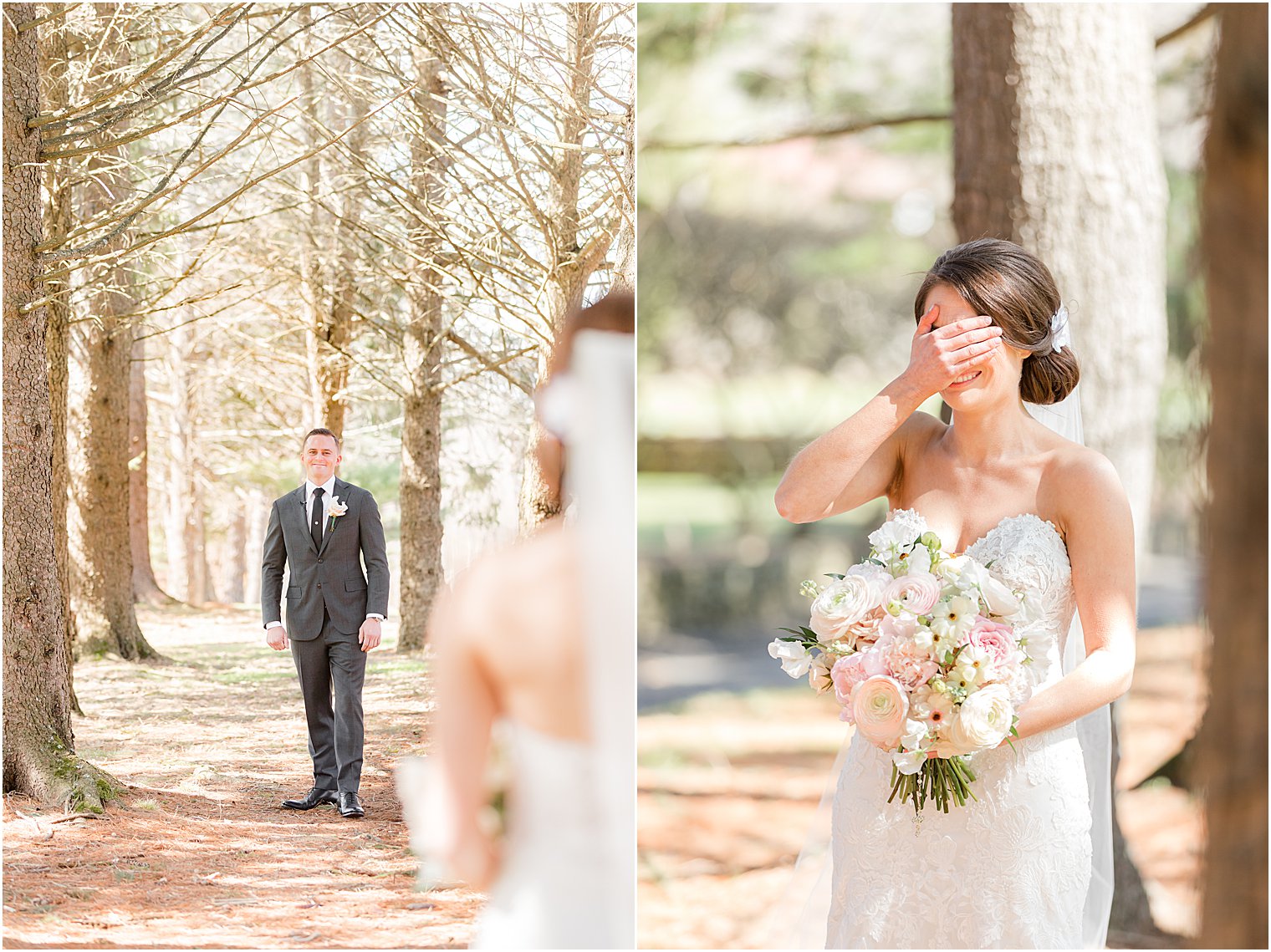 bride covers eyes during first look at The Refinery at Perona Farms
