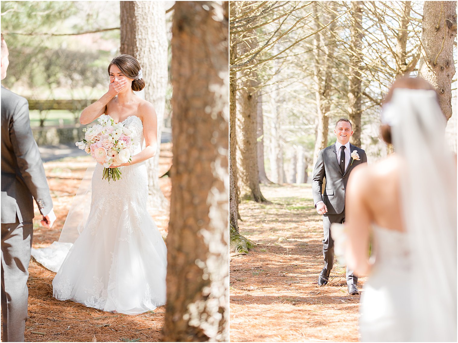 bride and groom smile during emotional first look