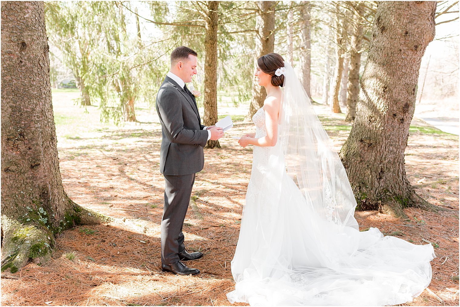 bride and groom have emotional first look at The Refinery at Perona Farms