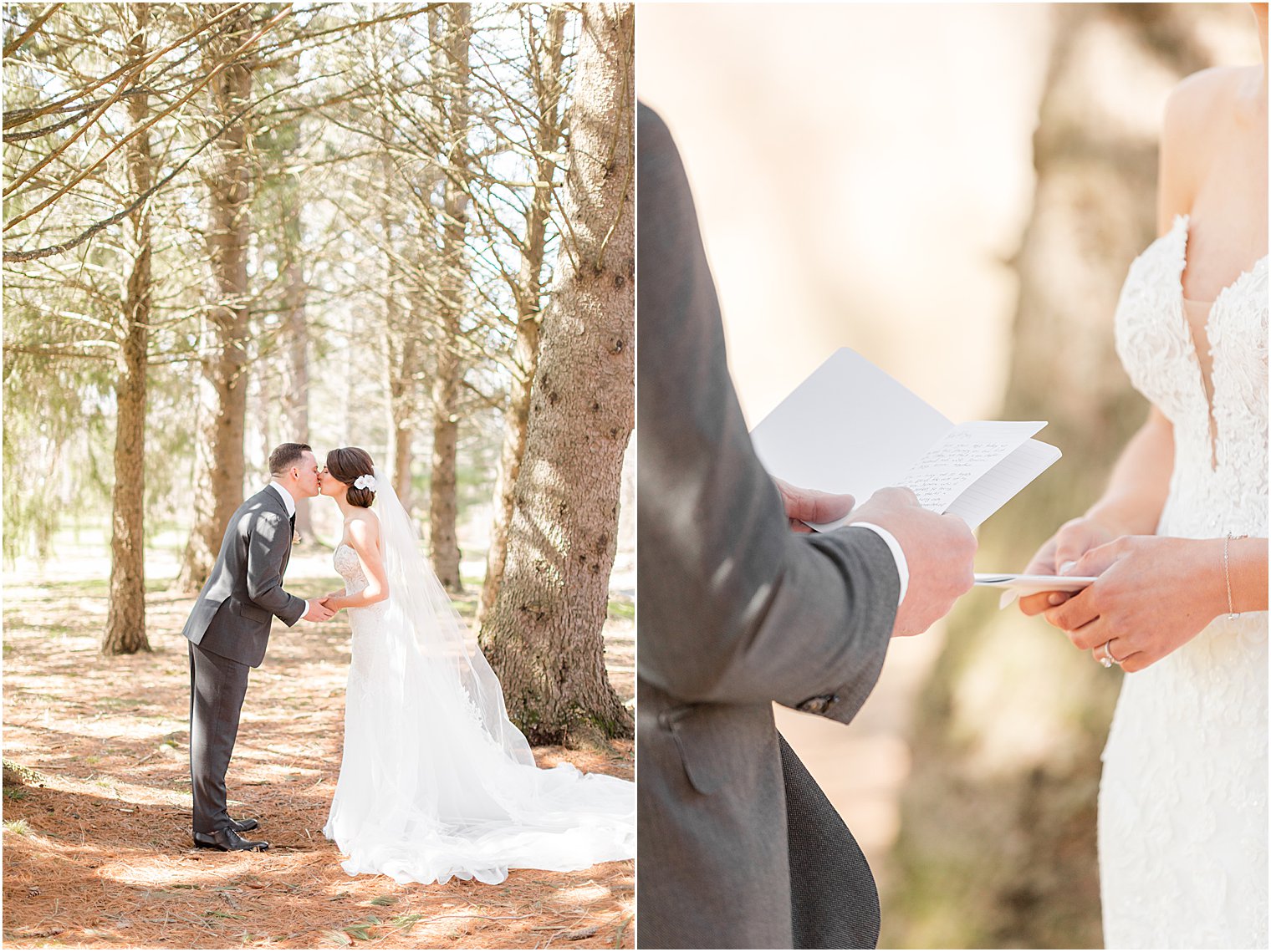 bride and groom read vows privately during first look