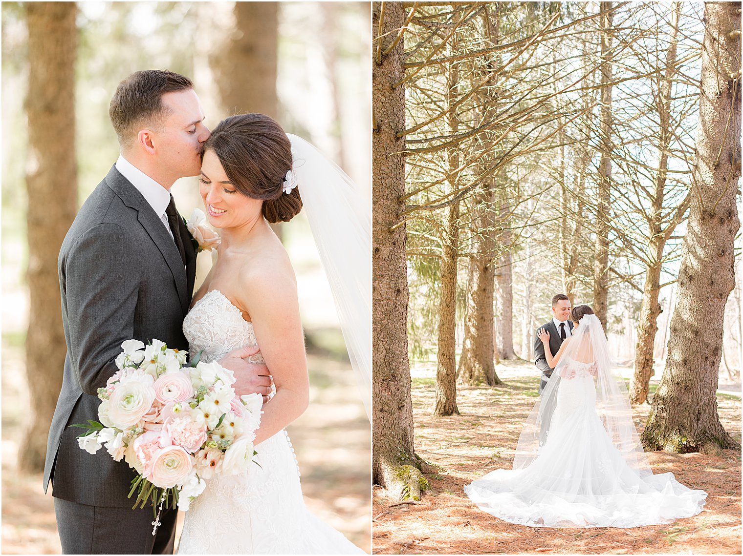 groom kisses bride's forehead during NJ wedding portraits 