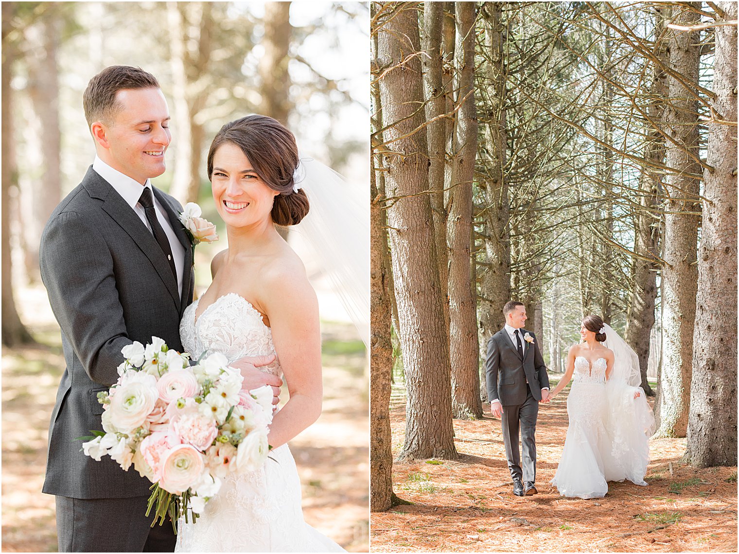 couple hugs during spring wedding portraits in woods at The Refinery at Perona Farms