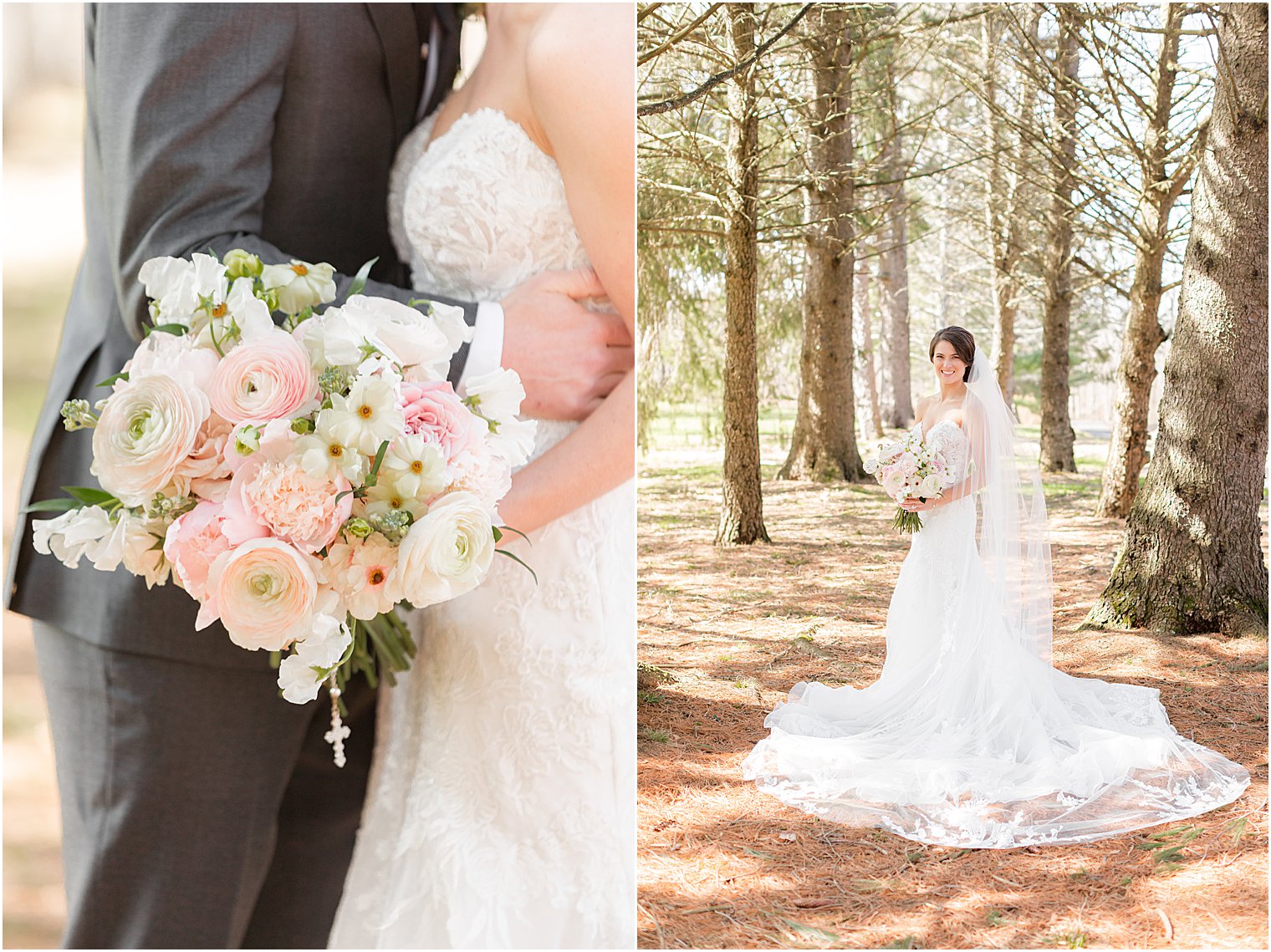 bride poses with train around her in woods at The Refinery at Perona Farms