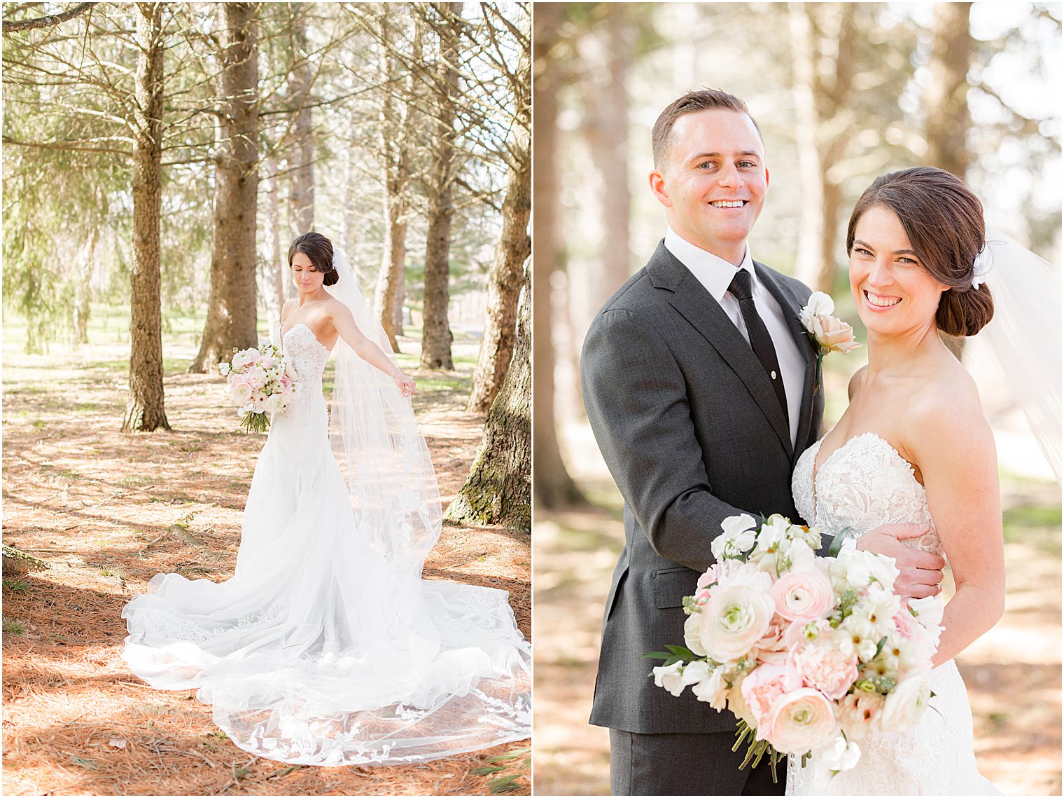 couple hugs in woods during New Jersey wedding portraits 