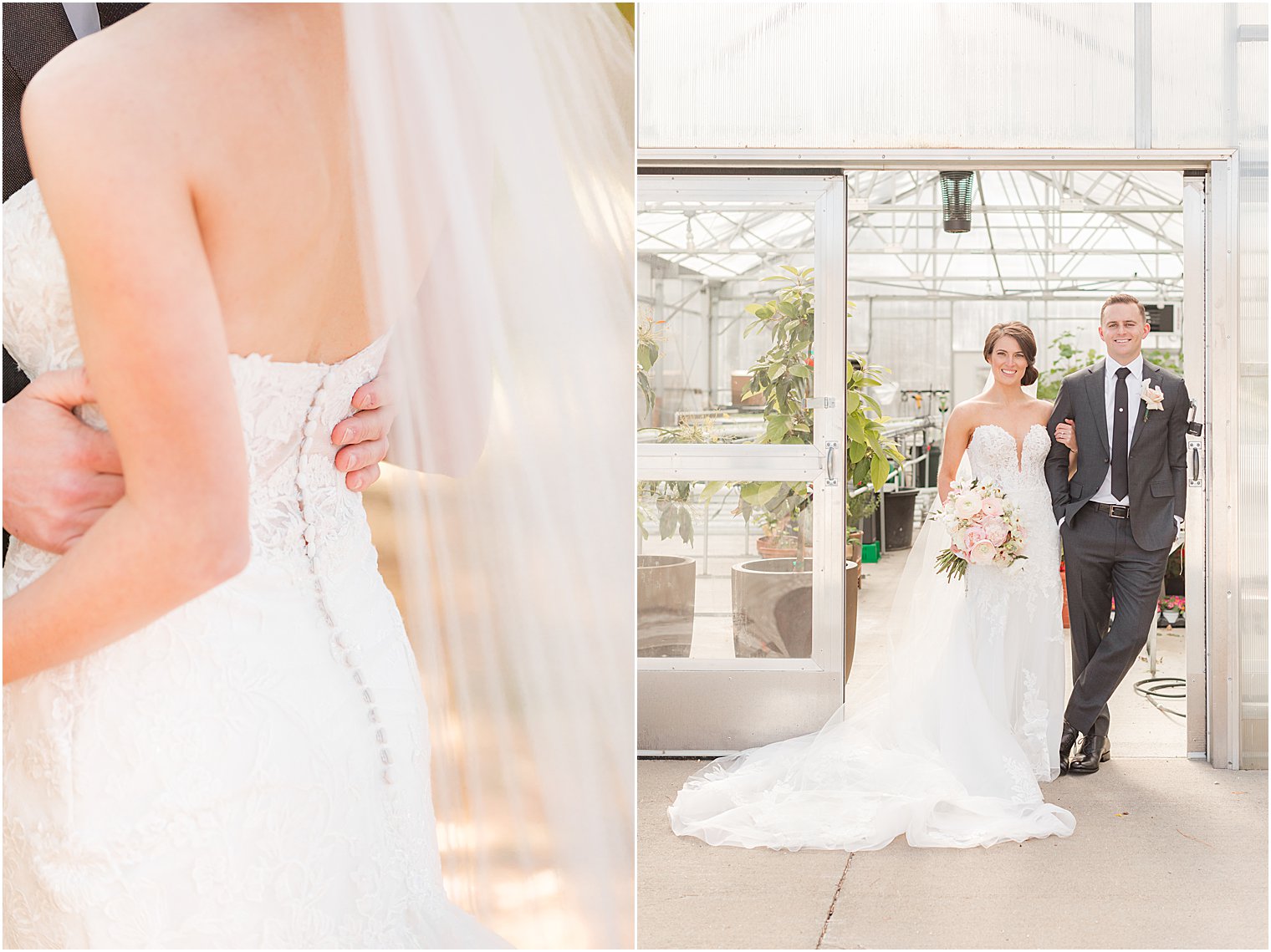 bride and groom pose at greenhouse at The Refinery at Perona Farms