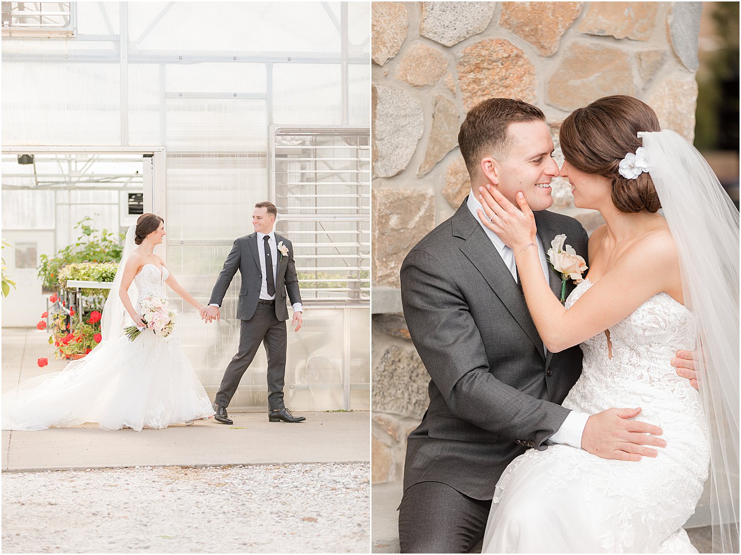 couple sits by stone wall at The Refinery at Perona Farms