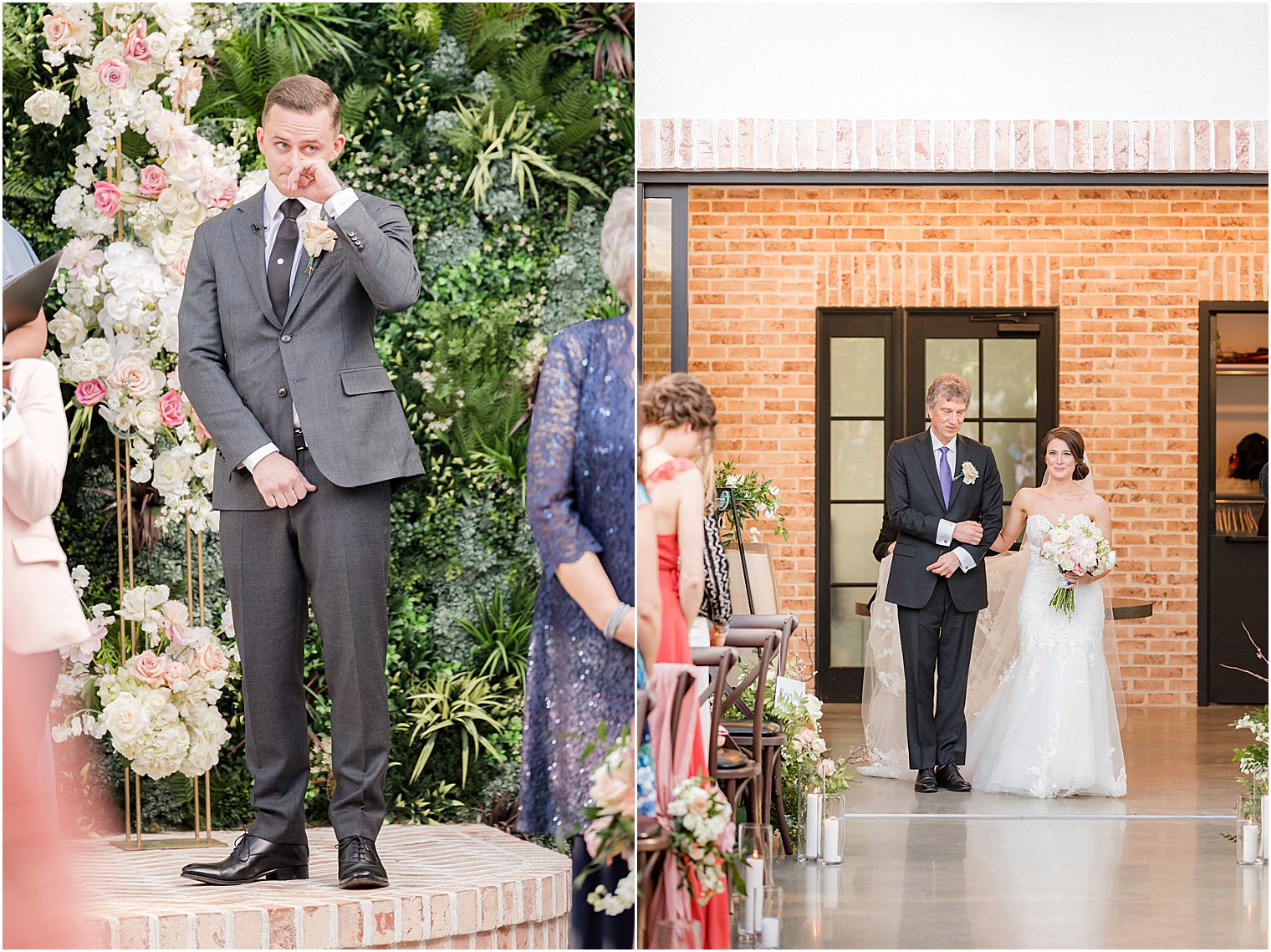 bride enters wedding ceremony with dad at The Refinery at Perona Farms