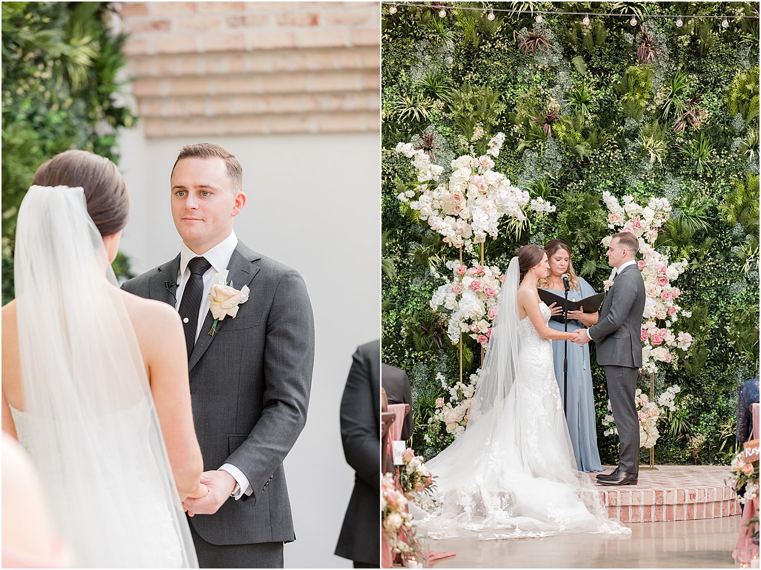 bride and groom hold hands during outdoor wedding ceremony in courtyard