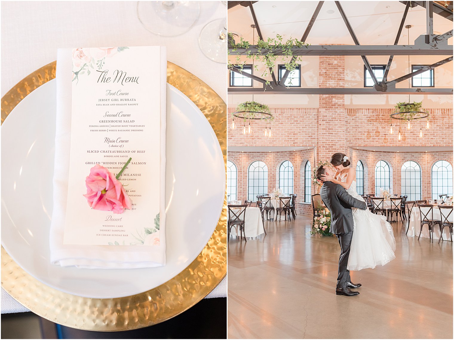 couple kisses in reception space at The Refinery at Perona Farms