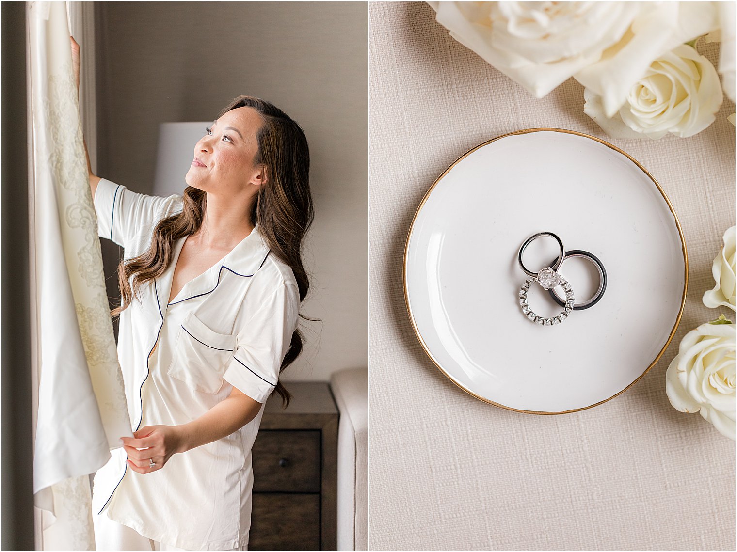 bride looks at wedding gown hanging in window