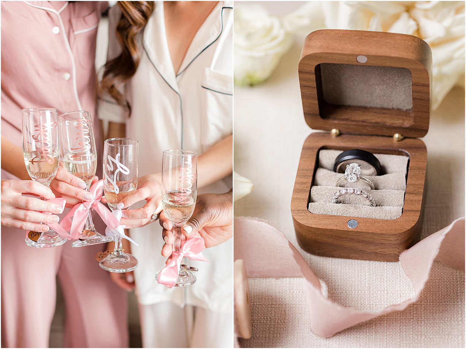bride and bridesmaids hold up custom glasses