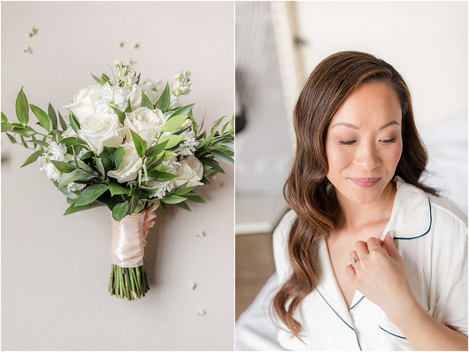 bride holds necklace next to ivory floral bouquet 