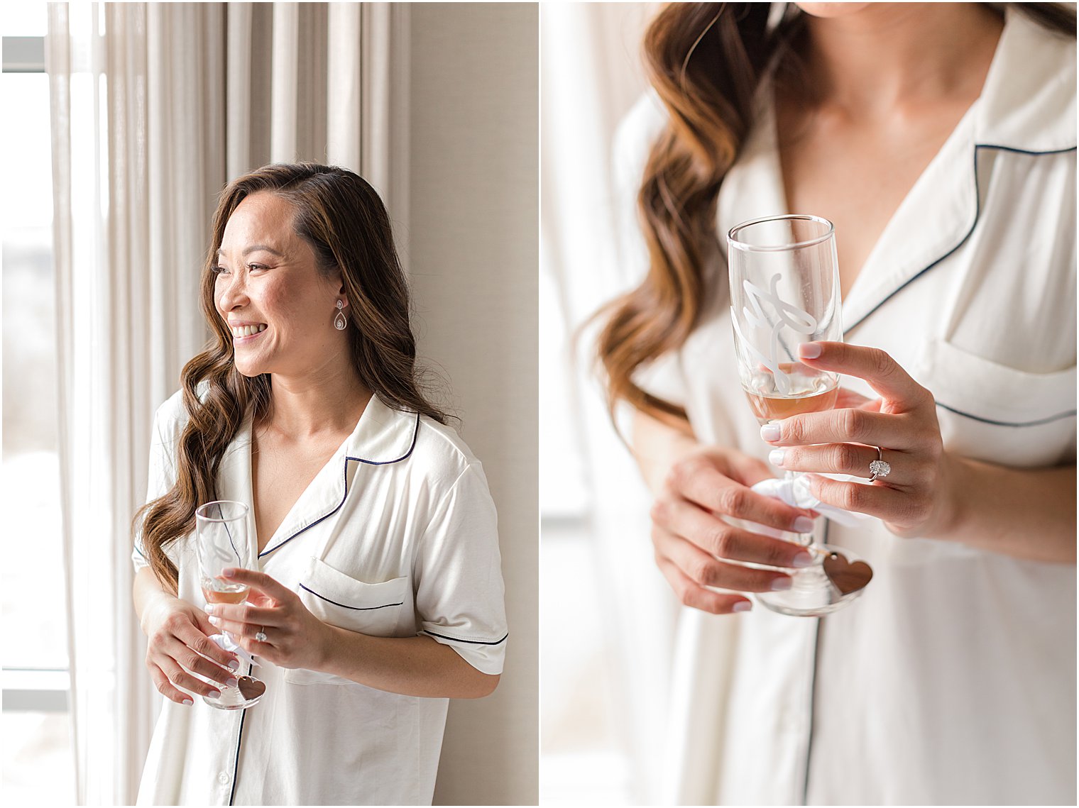 bride holds custom champagne glass in ivory pajamas