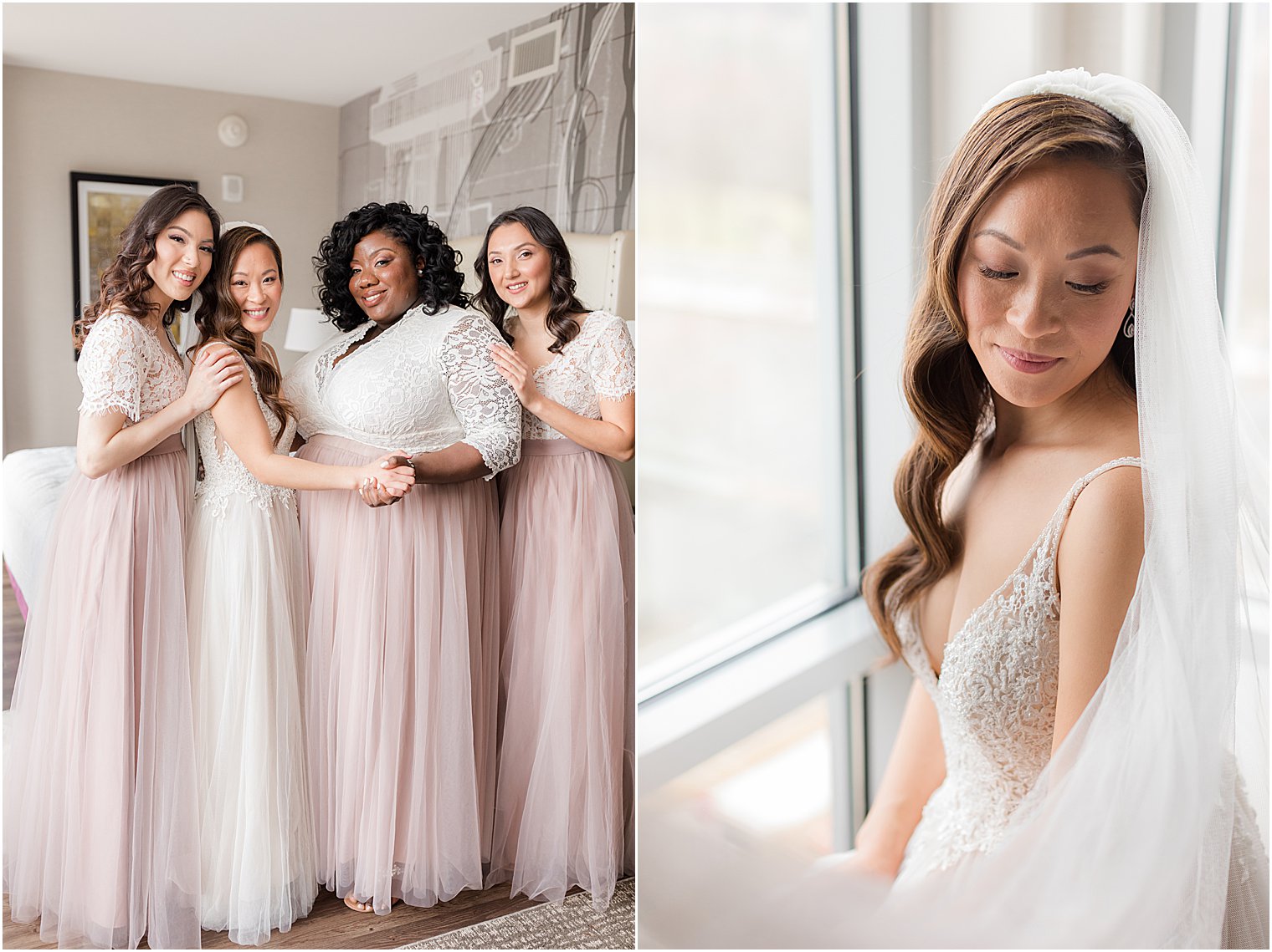 bride sits by window and poses with bridesmaids in pink gowns